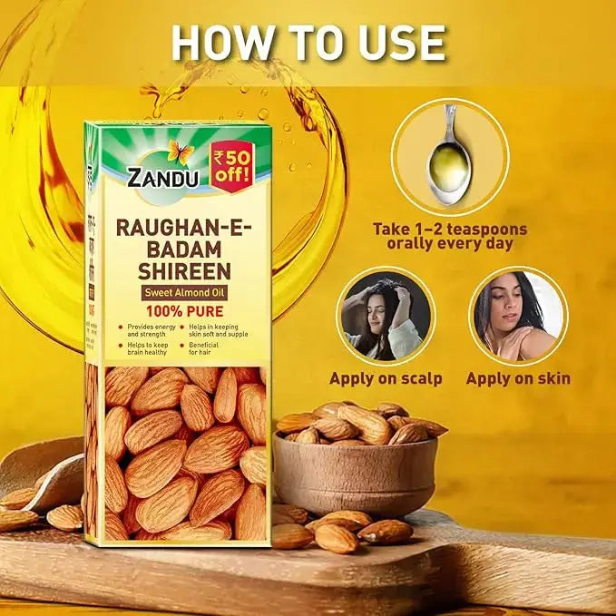 Zandu Raughan-E-Badam Shireen 100ml | 100% Pure Cold Pressed Sweet Almond Oil | For Hair, Skin & Health V2deliver.com