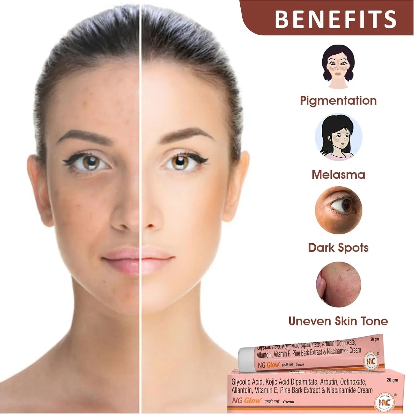 Heal N Cure Glow Cream Pack of 2 (20gm Each) | Kojic Acid & Glycolic Acid | Pigmentation, Dark Spot & Blemish Remover