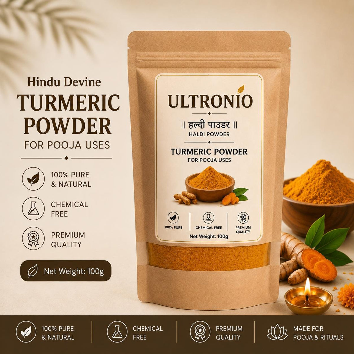 Pure Turmeric Powder (Haldi) for Pooja Rituals, Hindu Ceremonies, Festivals