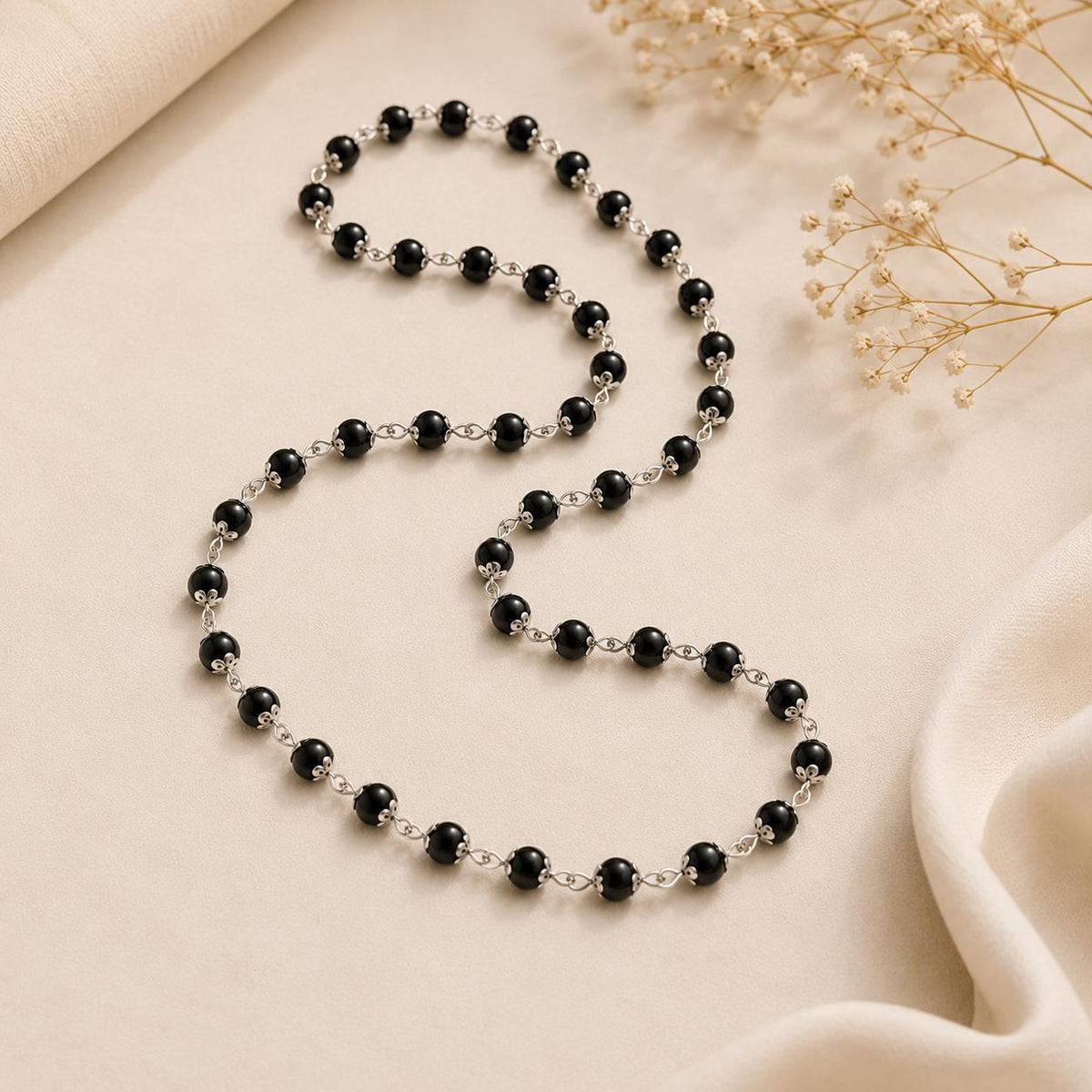 Original Karungali Ebony Wood Mala – 54 Beads (8mm) with Silver Caps | Meditation Prayer Necklace