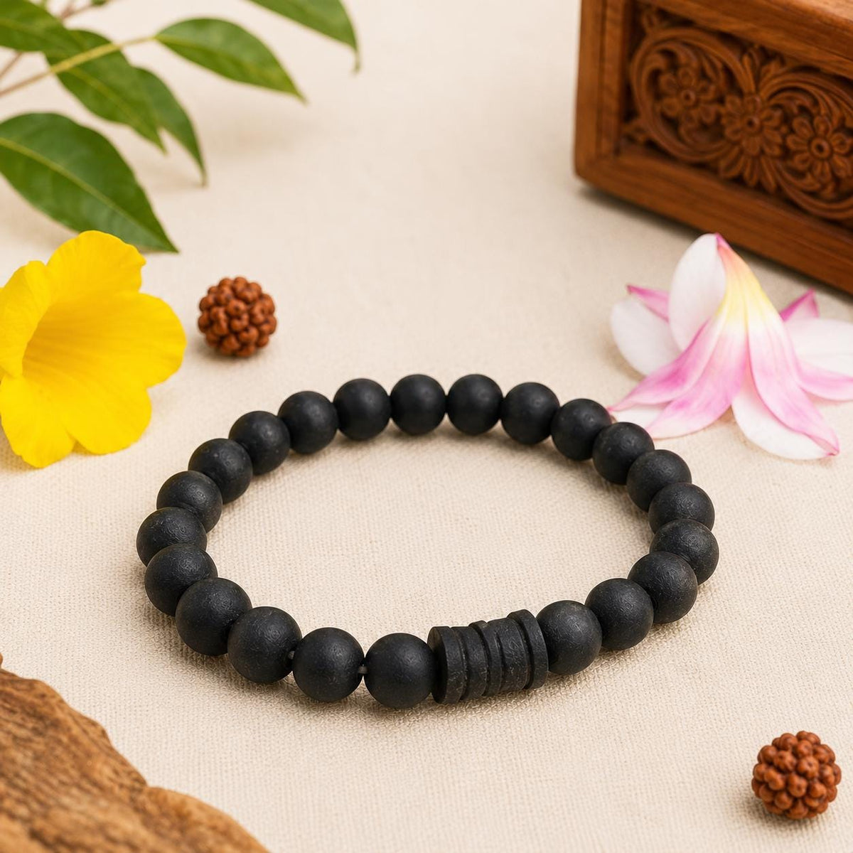 Karungali Ebony Wood Shiva Bracelet | Natural Wrist Mala, Damru Charm, Meditation Jewelry