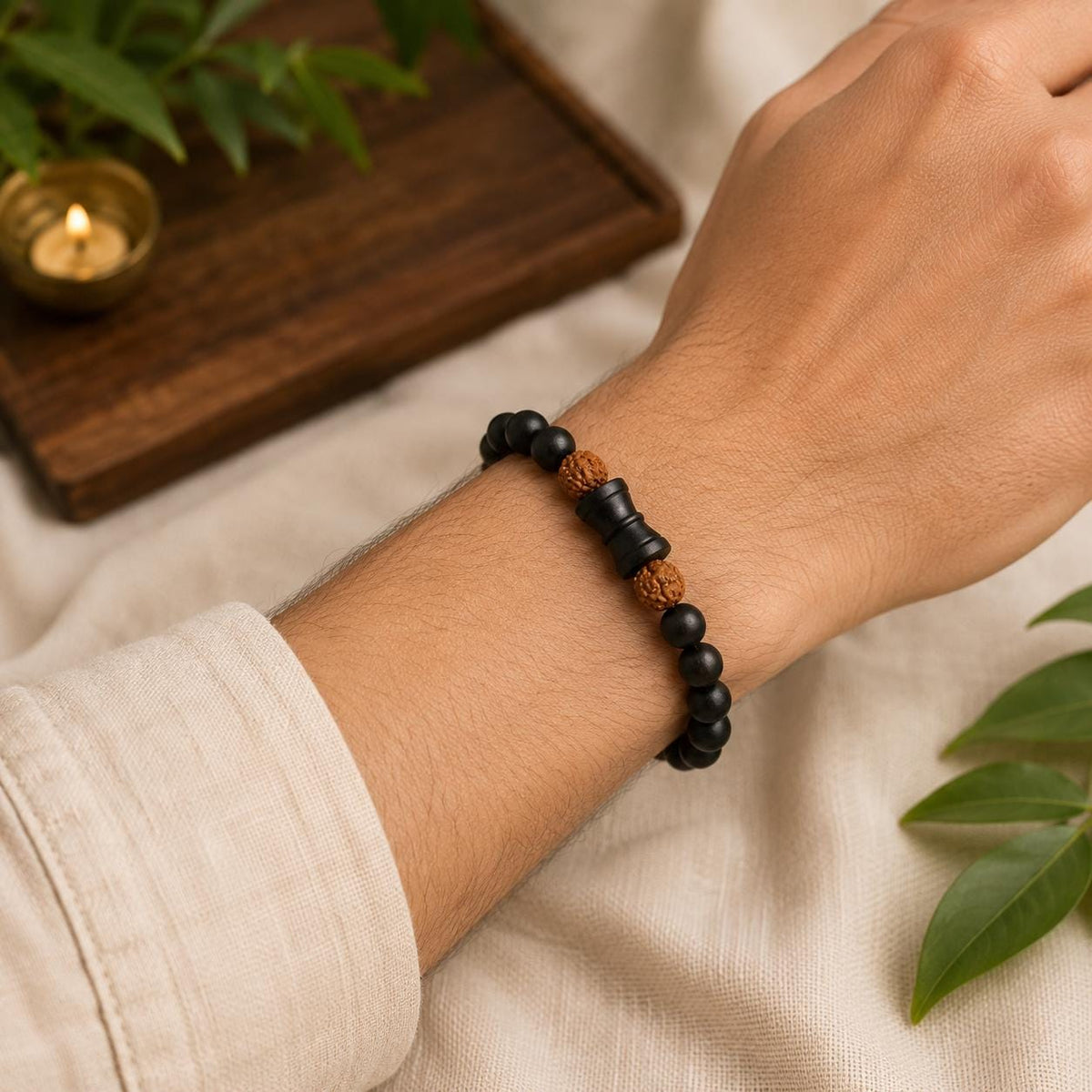 Government Certified Karungali Rudraksha Damru Bracelet | Black Ebony Wood, Shiva Charm