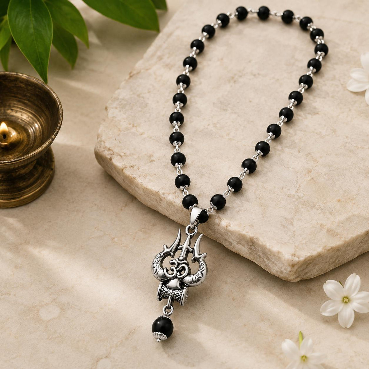 Natural Karungali Wood Mala Necklace | Trishul Pendant, Prayer Beads, Unisex Spiritual Accessory
