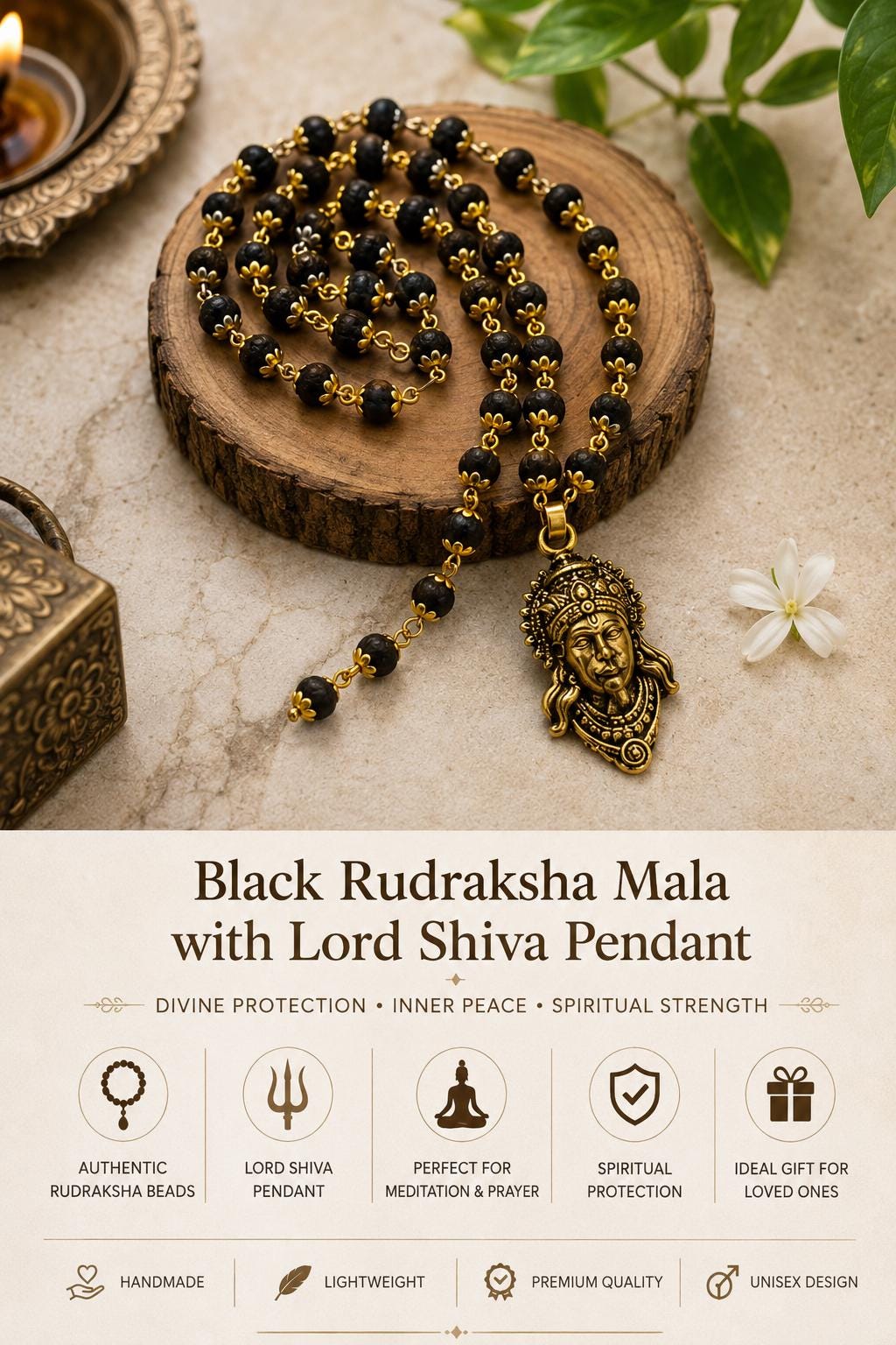 Black Rudraksha Mala with Gold Hanuman Pendant | Hindu Prayer Beads Necklace