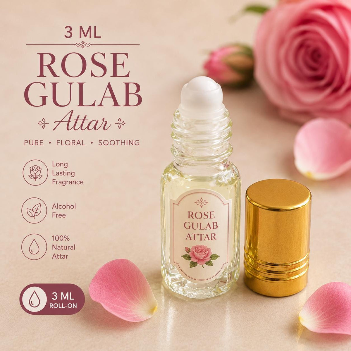 Rose Gulab Attar Perfume Oil | Indian Rose Fragrance, Alcohol-Free Roll-On