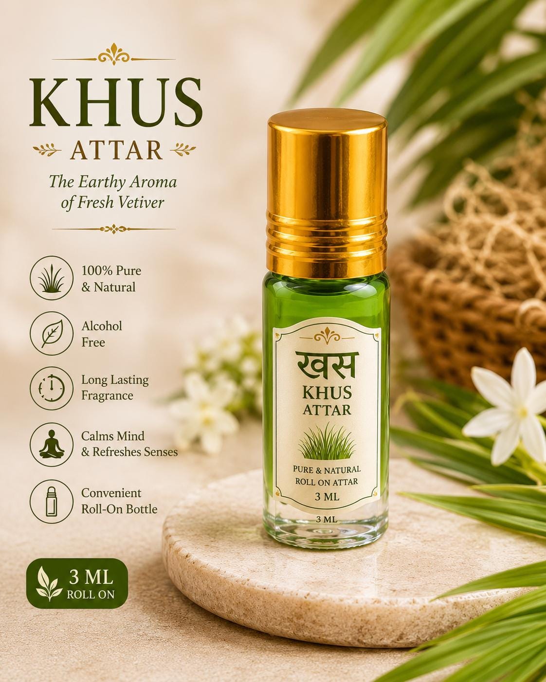 Khewra Vetiver Attar Perfume Oil | Earthy Woody Fragrance, 3ml Roll-On
