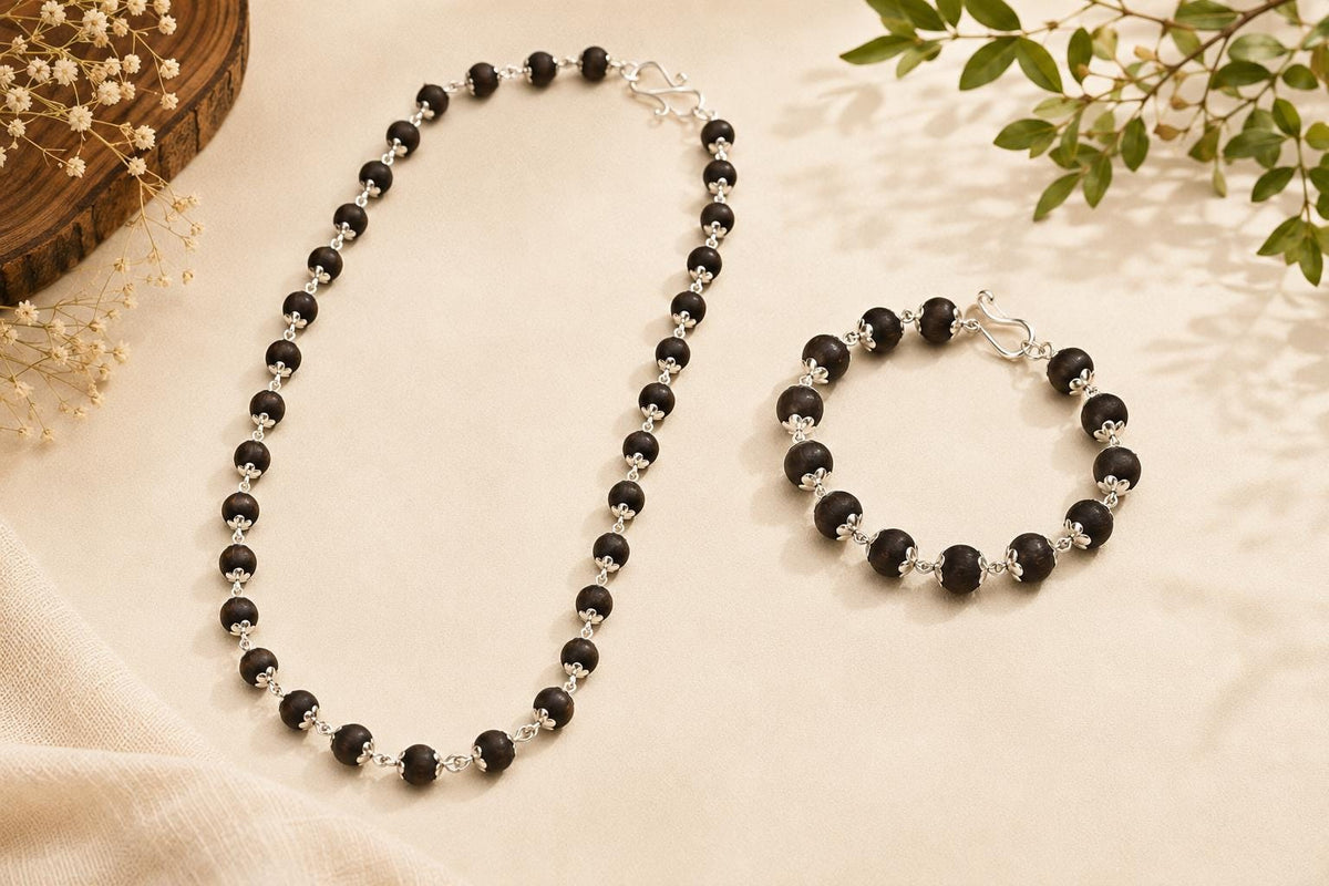 Karungali Ebony Wood Mala Bracelet Combo | 54 Beads, Silver Caps