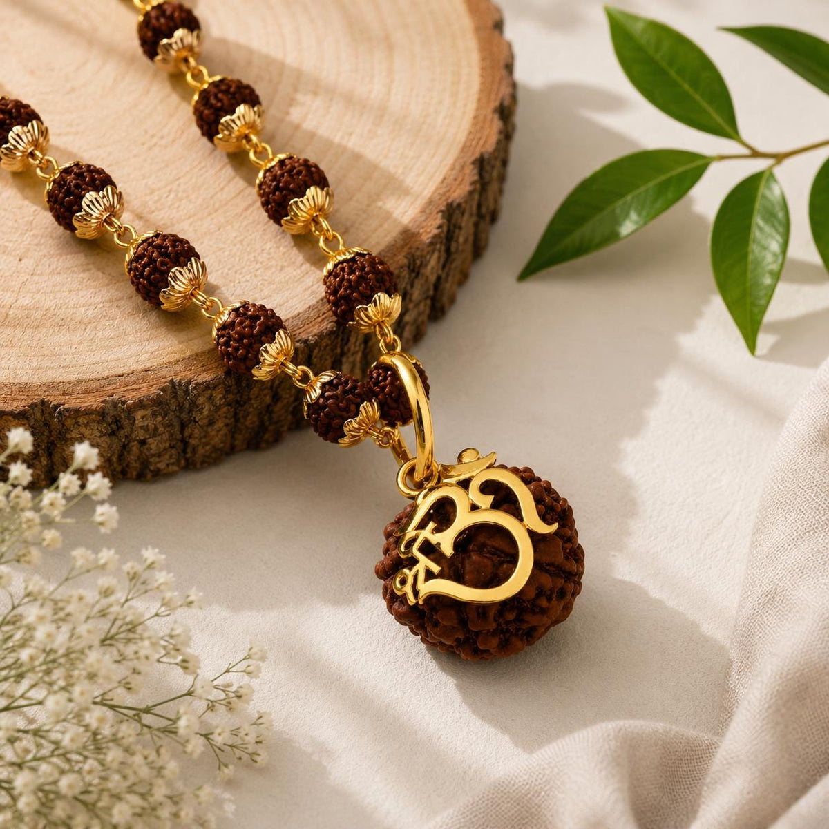 Om Rudraksha Pendant Necklace – Gold-Tone Om Charm, Sacred Mala Beads