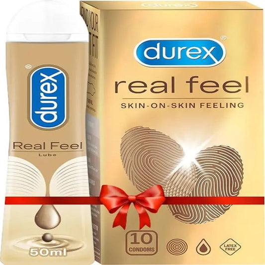 Durex Real Feel Lubricant & Condoms Combo | Climax Control Lube + 10 Non-Latex Condoms for Enhanced Intimacy