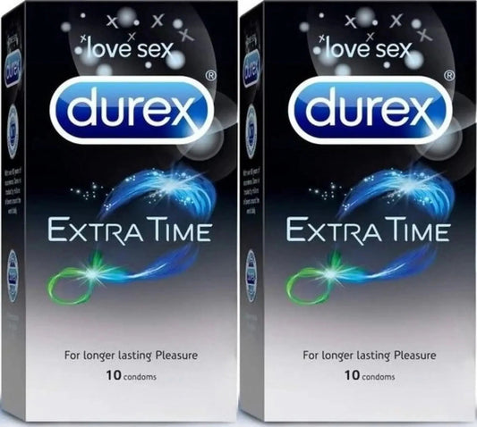 Durex Extra Time Condoms for Men – 10 Count Each (Pack of 2) | Long-Lasting Performance with Benzocaine