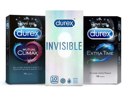 Durex Condoms Pleasure King Combo Pack (30s) | Invisible, Mutual Climax & Extra Time | Long-Lasting, Ultra Thin & Climax Control