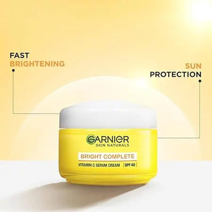 Garnier Bright Complete Vitamin C Serum Cream – SPF 40, 45g | Daily Brightening Moisturizer for Dark Spots & Sun Protection