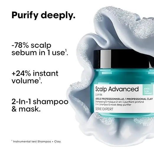 L'Oréal Scalp Advanced Anti-Oiliness Clay hair mask 250g | 2-in-1 Deep Purifier with 3% AHA | For Oily Scalp & Hair Detox