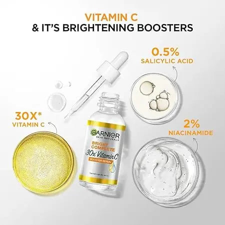 Garnier Bright Complete 30X Vitamin C Booster Serum 15 ml | Lightweight Gel for Brightening & Spot Reduction