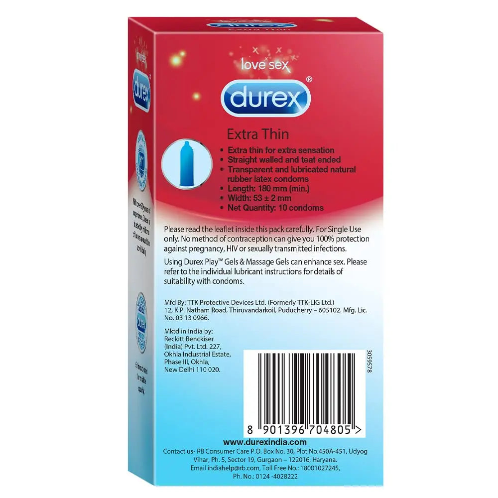 Durex Extra Thin Condoms – 10 Count (Pack of 3) | Ultra-Thin Latex Condoms for Maximum Sensation & Protection