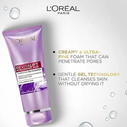 L’Oréal Paris Revitalift Hydrating Gel Cleanser 100 ml | Gentle Gel with Hyaluronic Acid for Plump, Glowing Skin