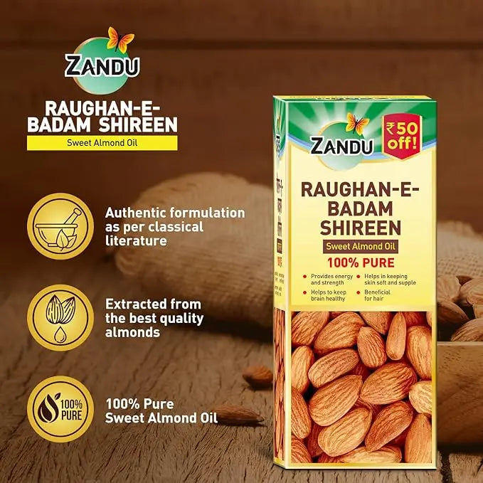 Zandu Raughan-E-Badam Shireen 100ml | 100% Pure Cold Pressed Sweet Almond Oil | For Hair, Skin & Health