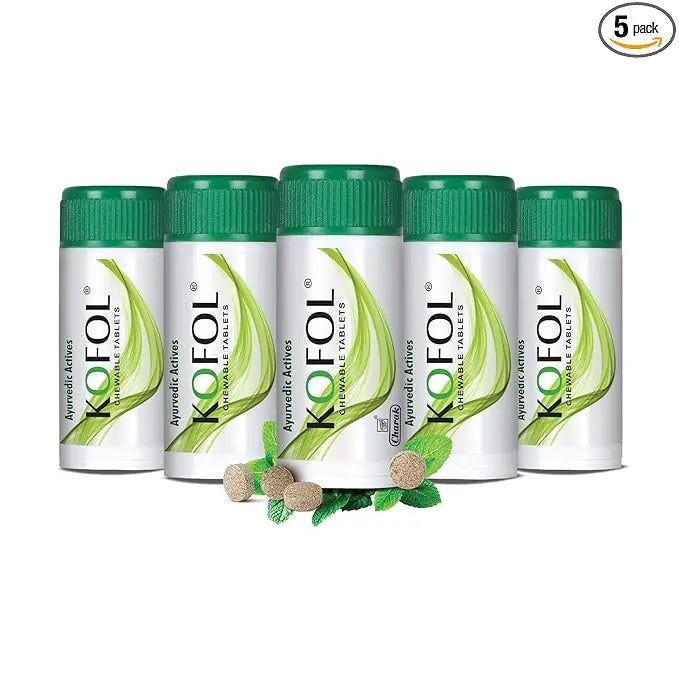 Charak Kofol Chewable Tablets – Cough & Throat Soothing | Pack of 5 × 60 Tablets | Ayurvedic Sugar-Free Lozenges