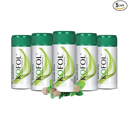 Charak Kofol Chewable Tablets – Cough & Throat Soothing | Pack of 5 × 60 Tablets | Ayurvedic Sugar-Free Lozenges