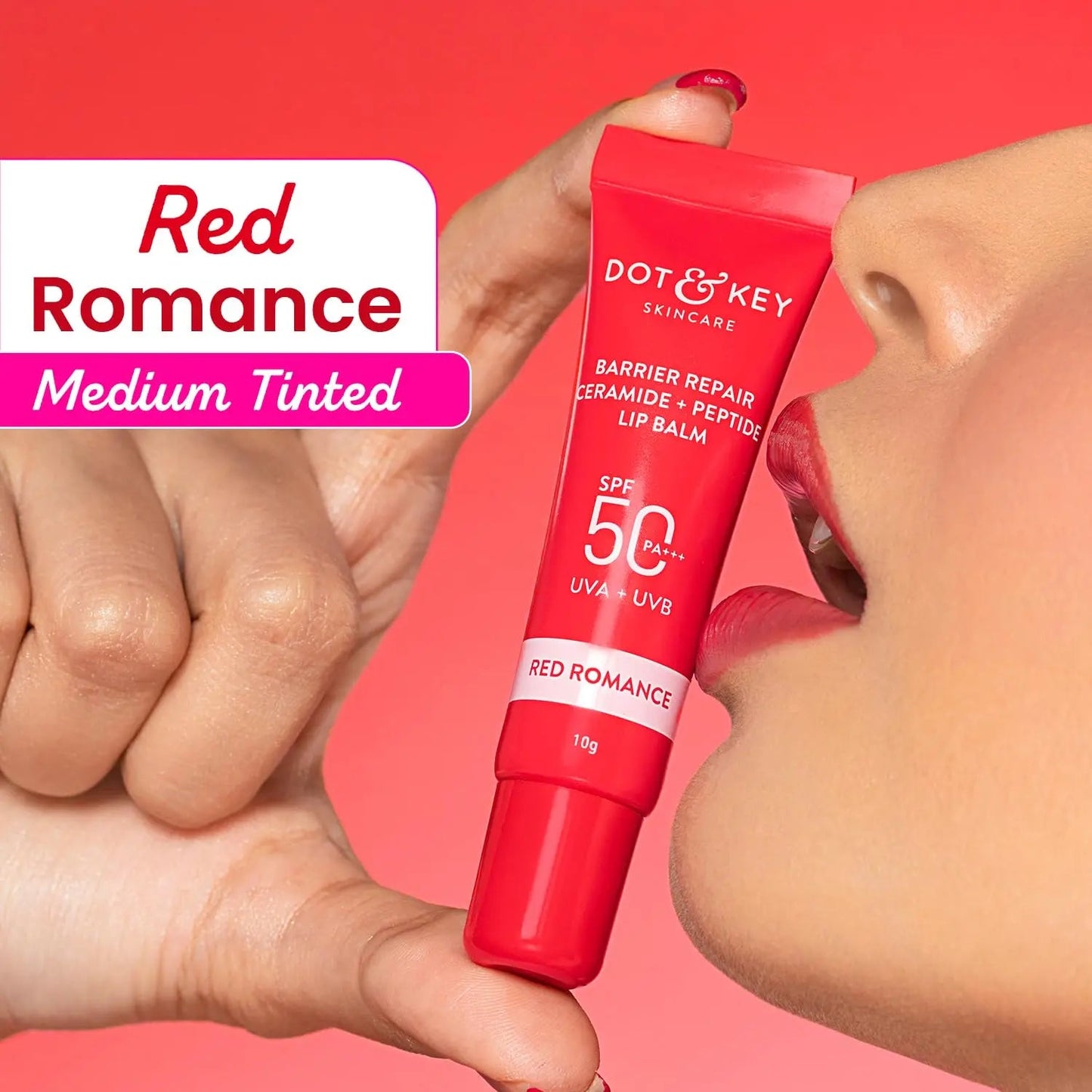 Dot & Key Ceramide & Peptide Lip Balm SPF 50 | Red Romance Tinted Lip Moisturizer | UV Protection + Collagen Boost + Instant Plump