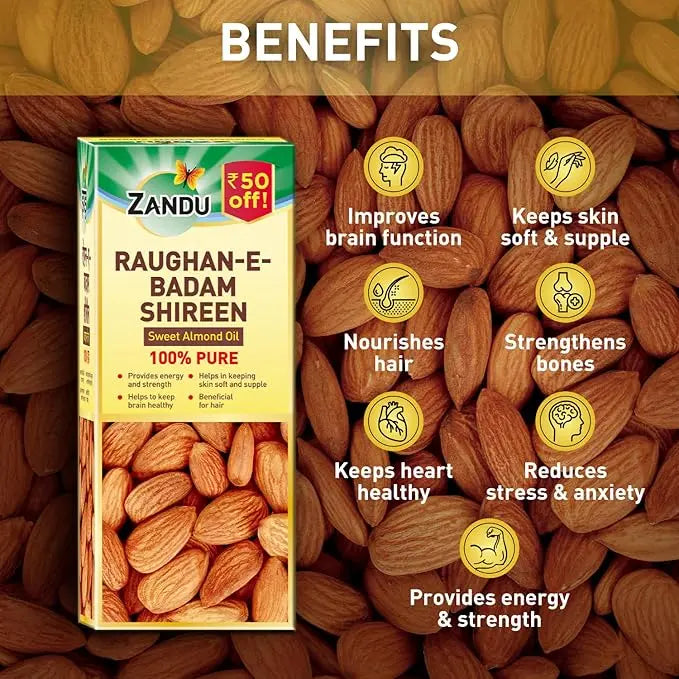 Zandu Raughan-E-Badam Shireen 100ml | 100% Pure Cold Pressed Sweet Almond Oil | For Hair, Skin & Health