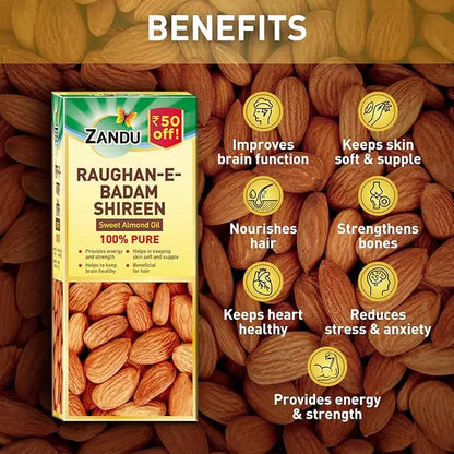 Zandu Raughan-E-Badam Shireen 100ml | 100% Pure Cold Pressed Sweet Almond Oil | For Hair, Skin & Health