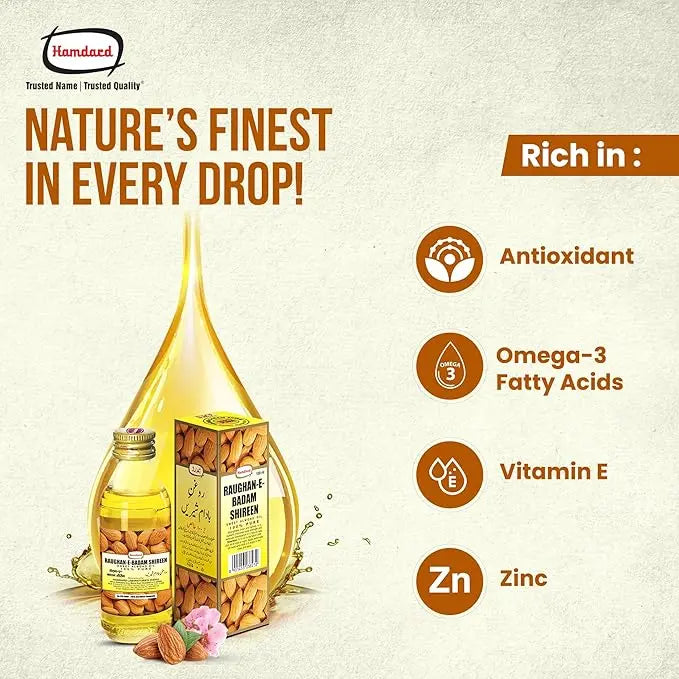 Hamdard Raughan-e-Badam Shireen 100ml | Pure Sweet Almond Oil for Skin, Hair & Wellness