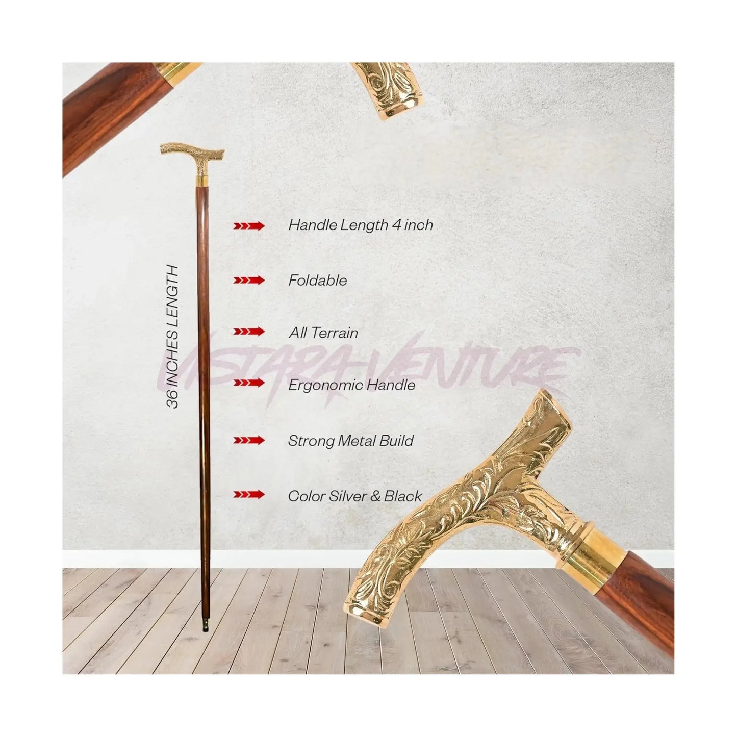 Walking Cane with Brass Handle – Handmade 36" Wooden Walking Stick for Men & Women – brass handle walking stick V2deliver.com