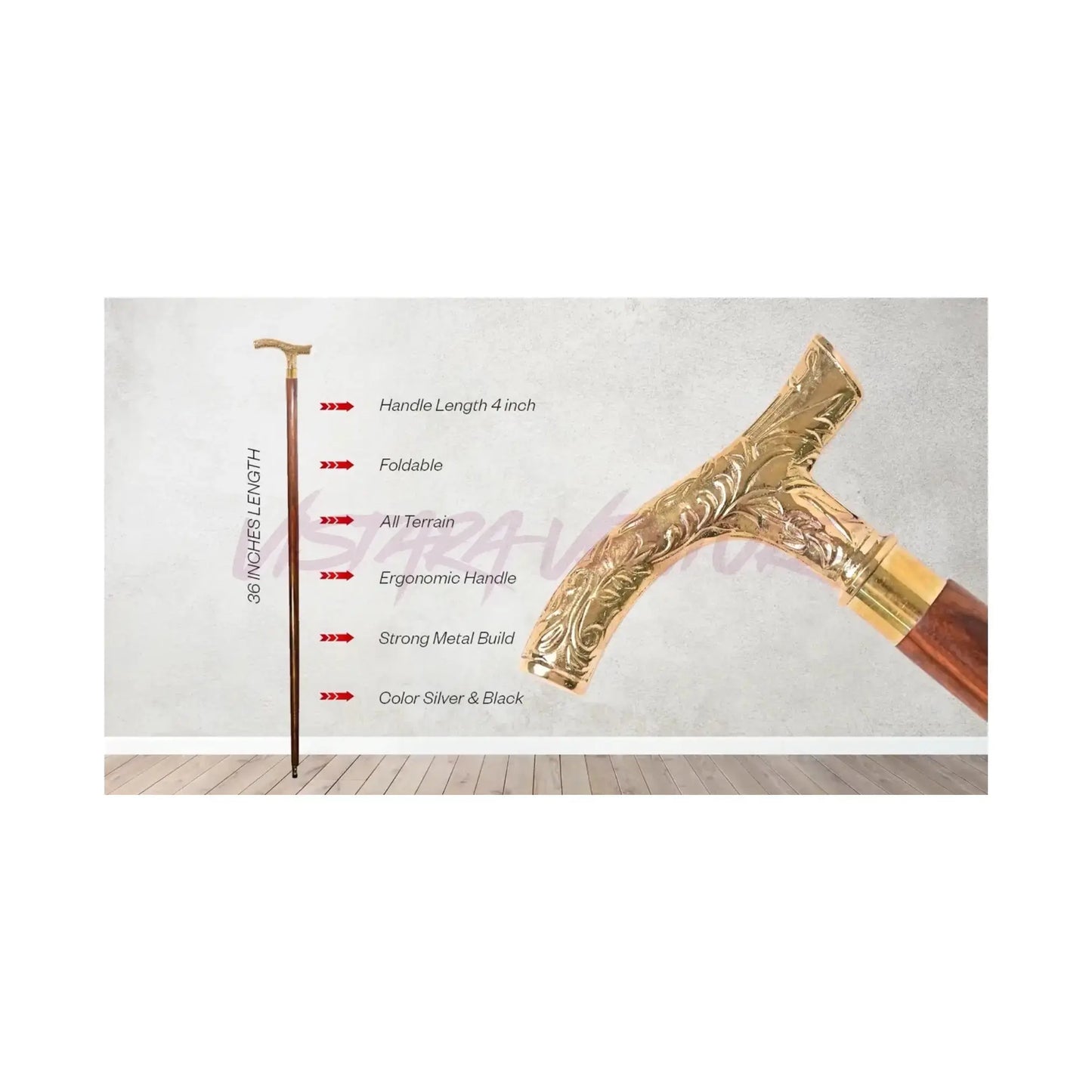 Walking Cane with Brass Handle – Handmade 36" Wooden Walking Stick for Men & Women – brass handle walking stick V2deliver.com