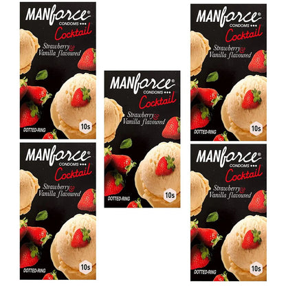 Manforce Condoms – Strawberry & Vanilla Cocktail, 10 Pcs (Set of 5) | Long-Lasting, Dotted & Flavored Latex Condoms for Men