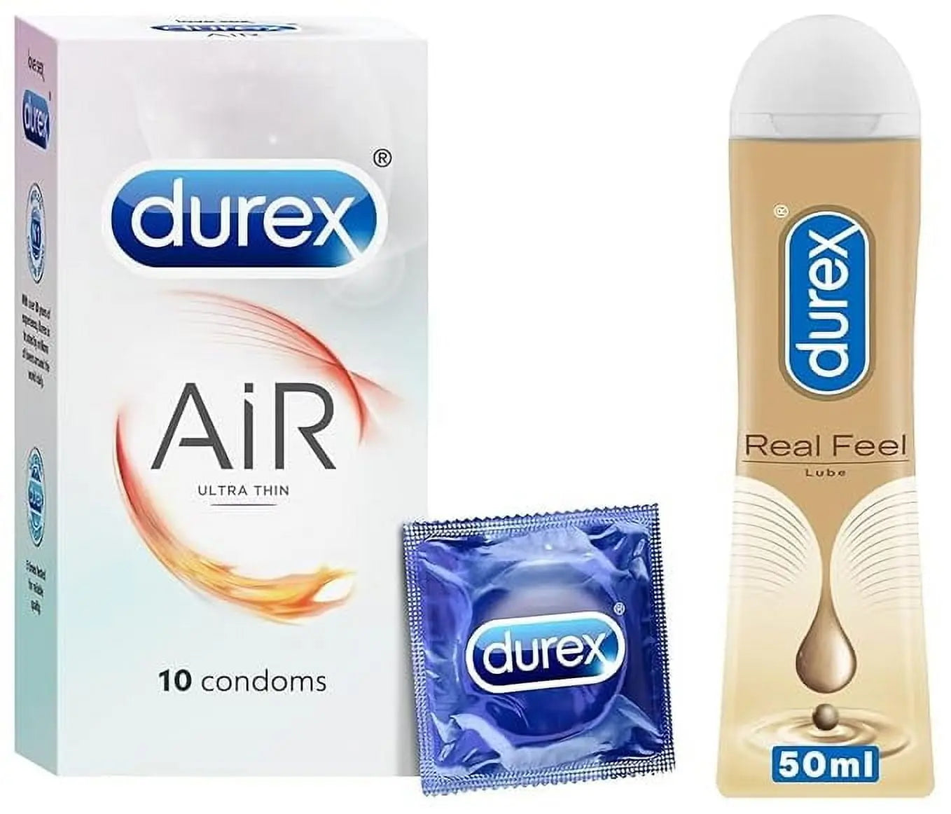 Durex Real Feel Lubricant 50ml & Durex Air Ultra Thin Condoms - 10 Count | Skin-Like Feel, Enhanced Pleasure Combo