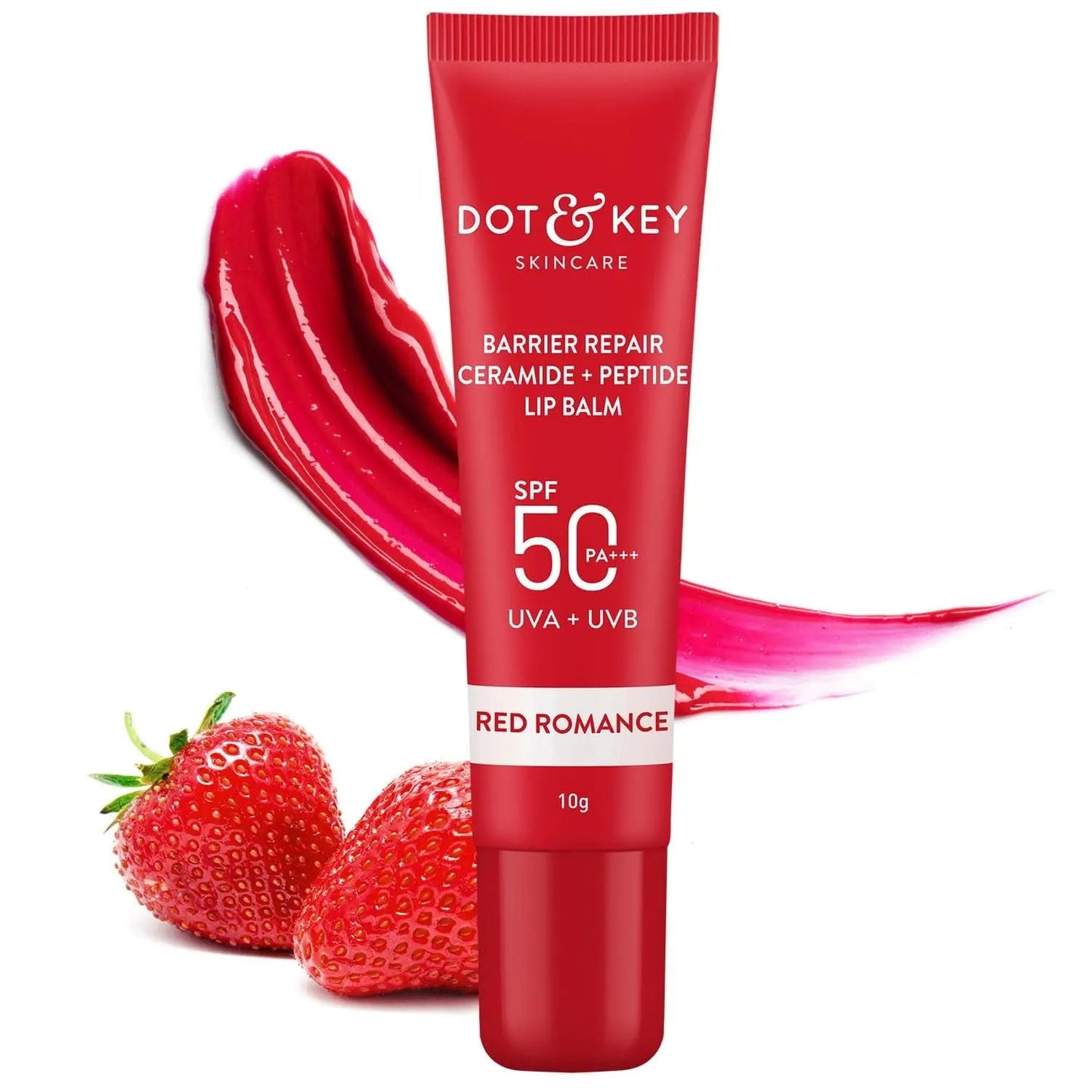 Dot & Key Ceramide & Peptide Lip Balm SPF 50 | Red Romance Tinted Lip Moisturizer | UV Protection + Collagen Boost + Instant Plump