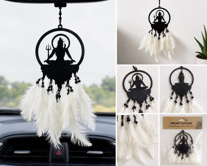 Handmade White Dream Catcher Car Hanging, Feather Décor Ornament, Boho Rear View Mirror Accessory, Handmade Hanging Decoration