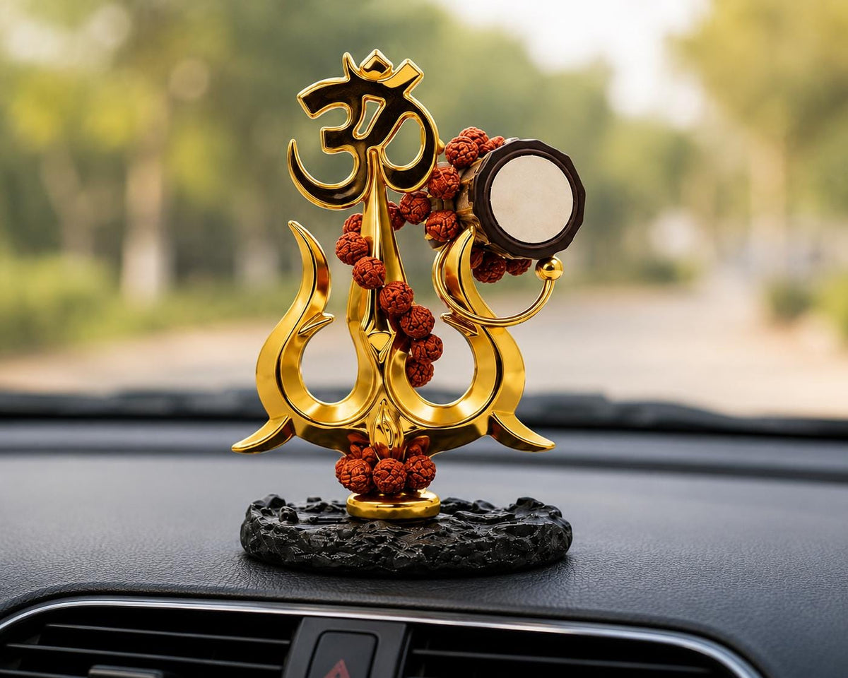 Handmade Trident Drum Showpiece, Black Gold Resin Dashboard Ornament, Compact Desk Figurine