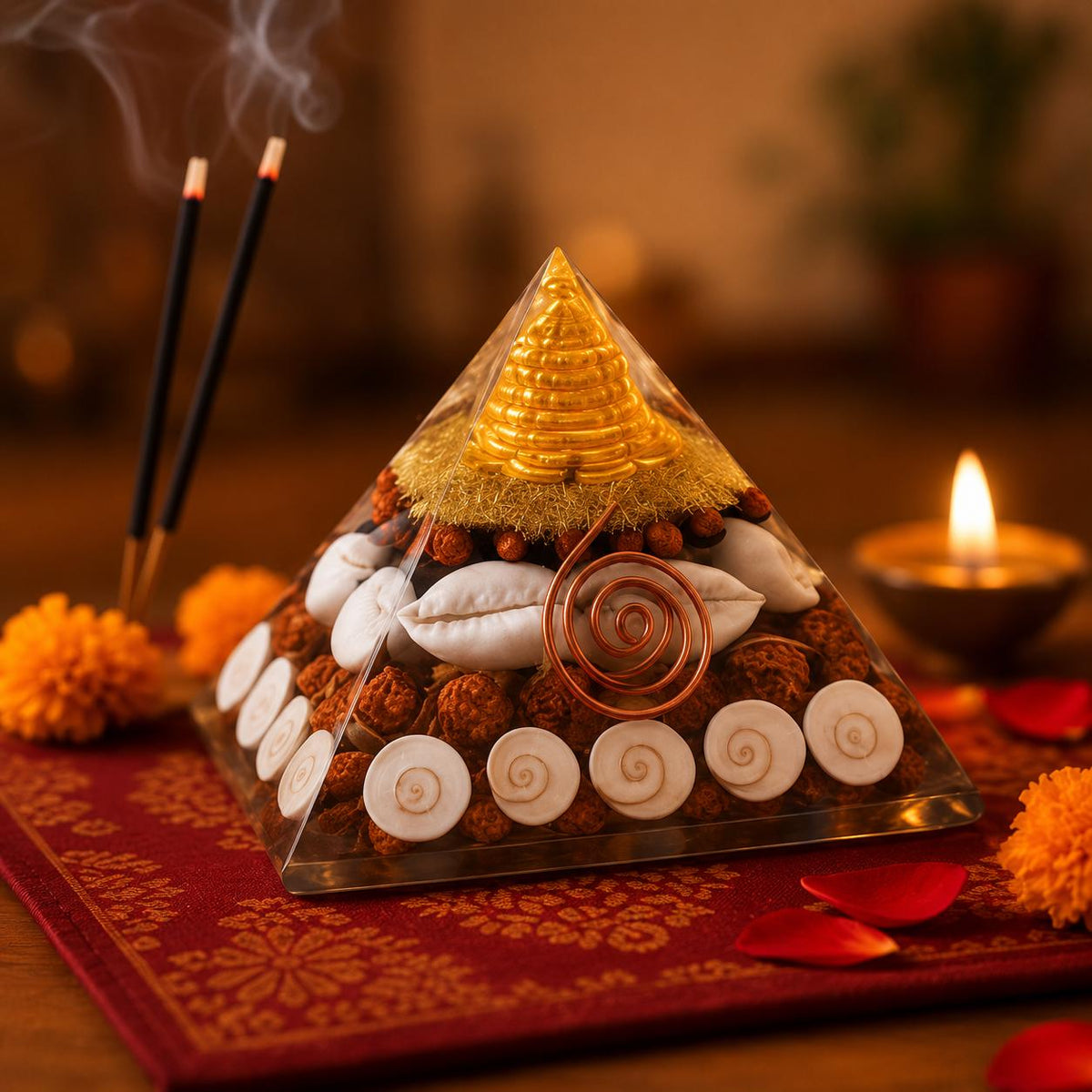 Handcrafted Resin Pyramid Decor, Gomati Chakra, Rudraksha, Cowrie, Vastu Wealth Item
