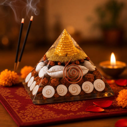 Handcrafted Resin Pyramid Decor, Gomati Chakra, Rudraksha, Cowrie, Vastu Wealth Item