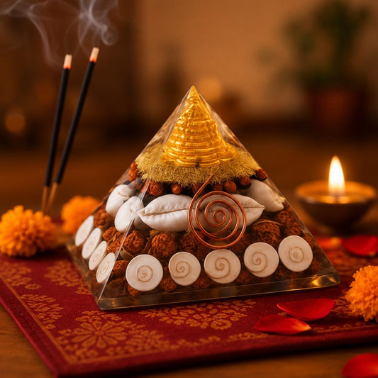 Handcrafted Resin Pyramid Decor, Gomati Chakra, Rudraksha, Cowrie, Vastu Wealth Item