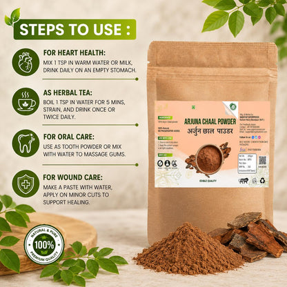Organic Arjuna Chaal Powder | 100% Pure Arjun Bark Powder | Natural Herbal Supplement | No Preservatives