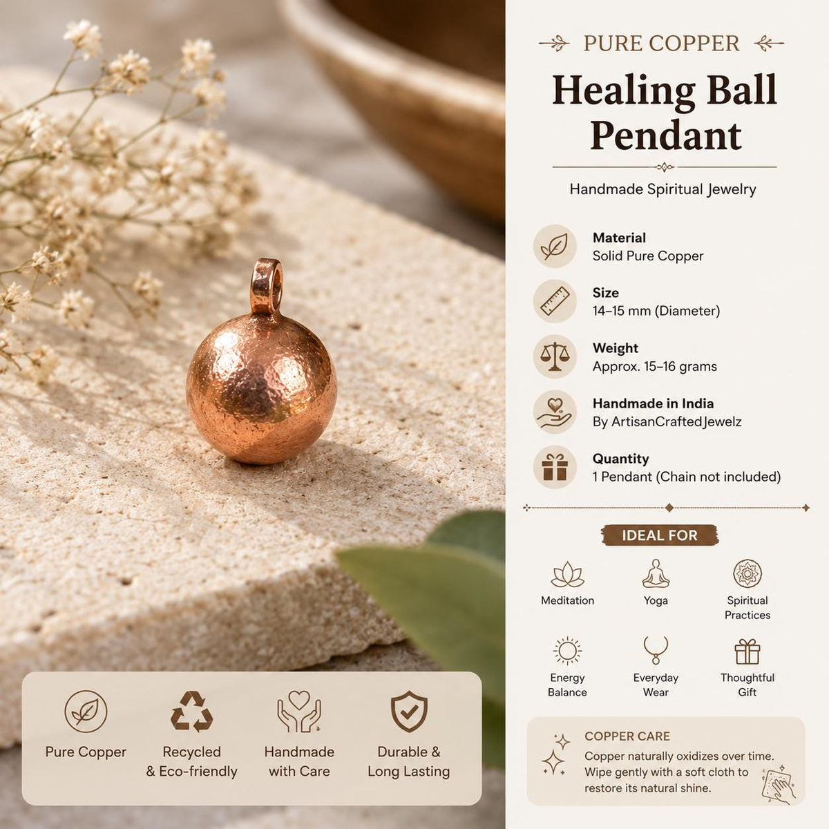 Handmade Solid Copper Healing Ball Pendant, Minimal Spiritual Jewelry Accessory