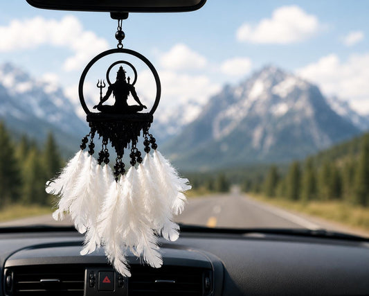 Handmade White Dream Catcher Car Hanging, Feather Décor Ornament, Boho Rear View Mirror Accessory, Handmade Hanging Decoration