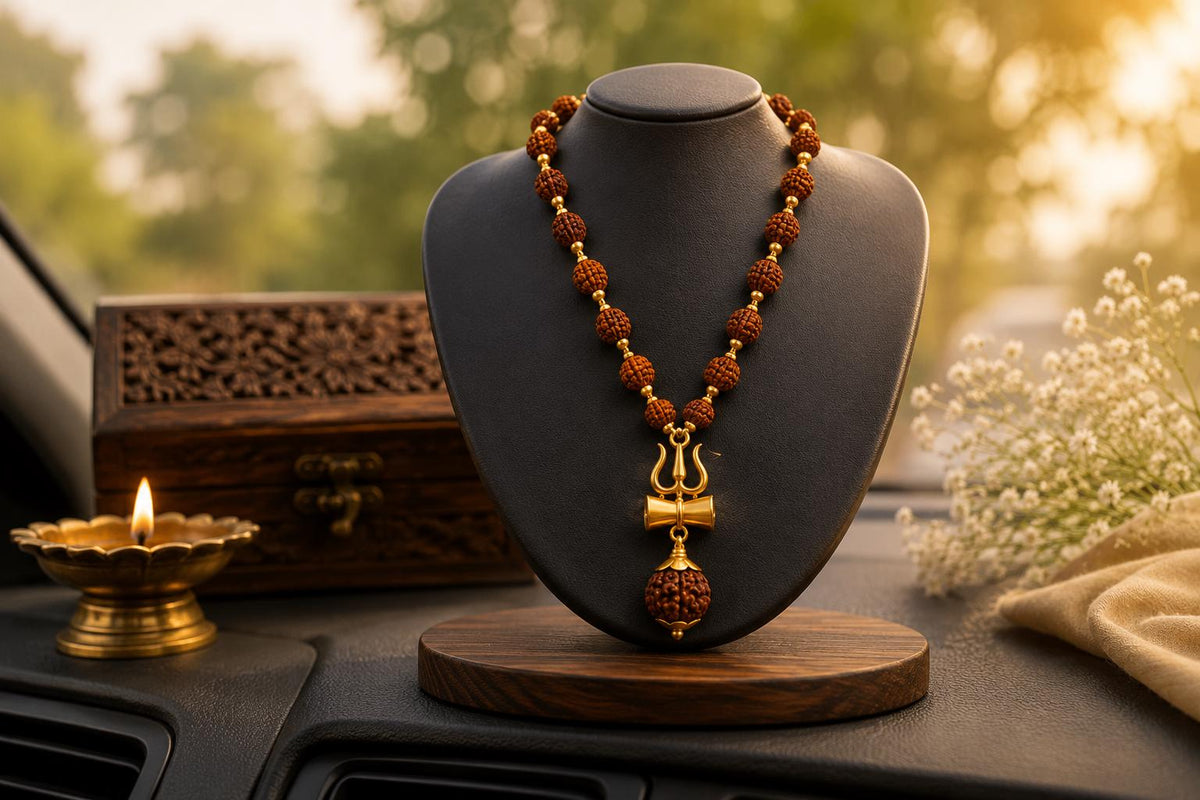 Natural Rudraksha Bead Necklace with Trishul Pendant | Spiritual Mala for Men