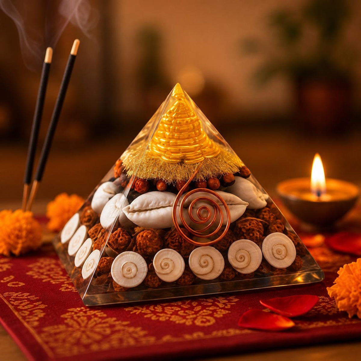 Handcrafted Resin Pyramid Decor, Gomati Chakra, Rudraksha, Cowrie, Vastu Wealth Item