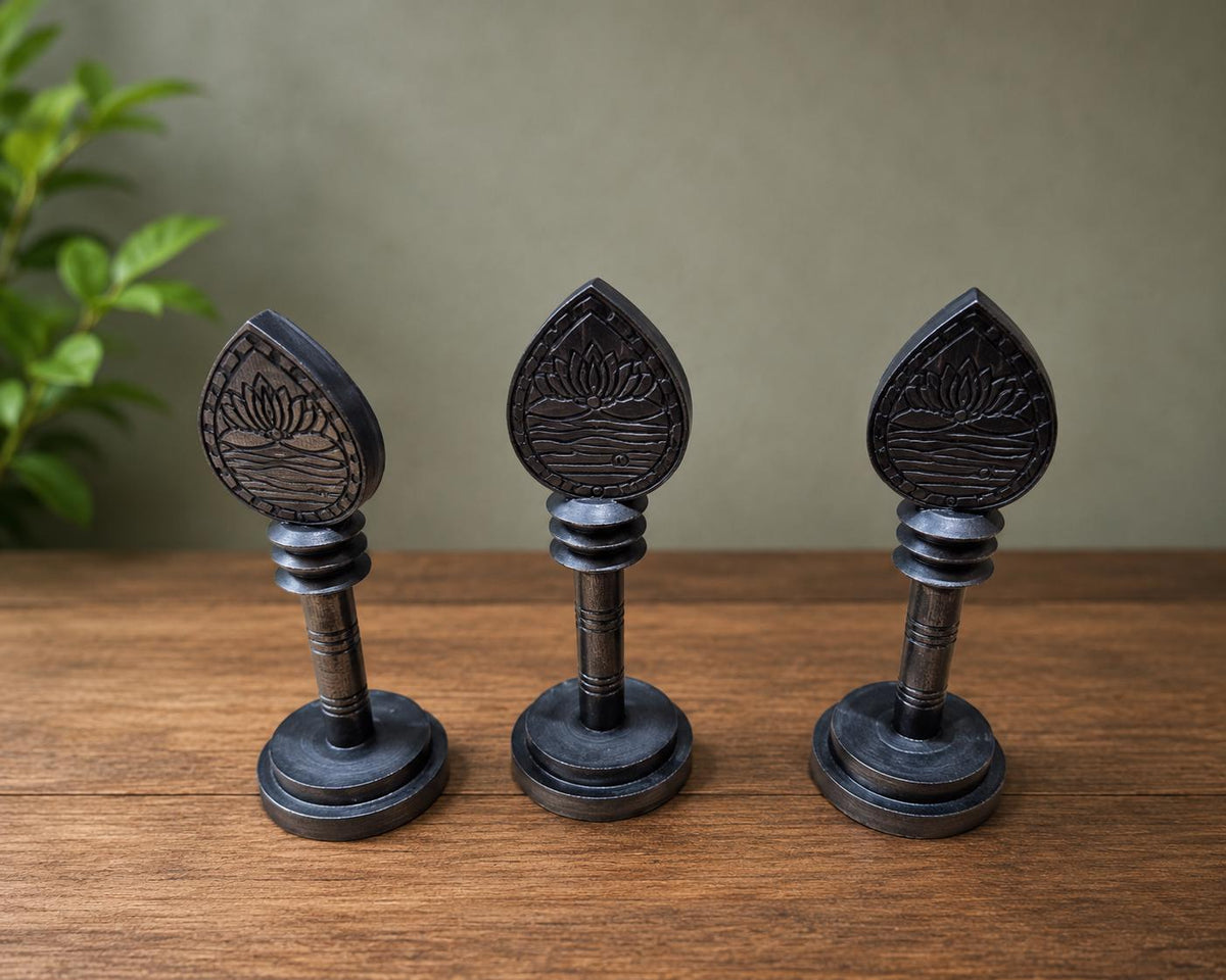 Handmade Karungali Vel with Stand, Natural Unpolished Ebony Wood (3 Inches) for Puja Worship