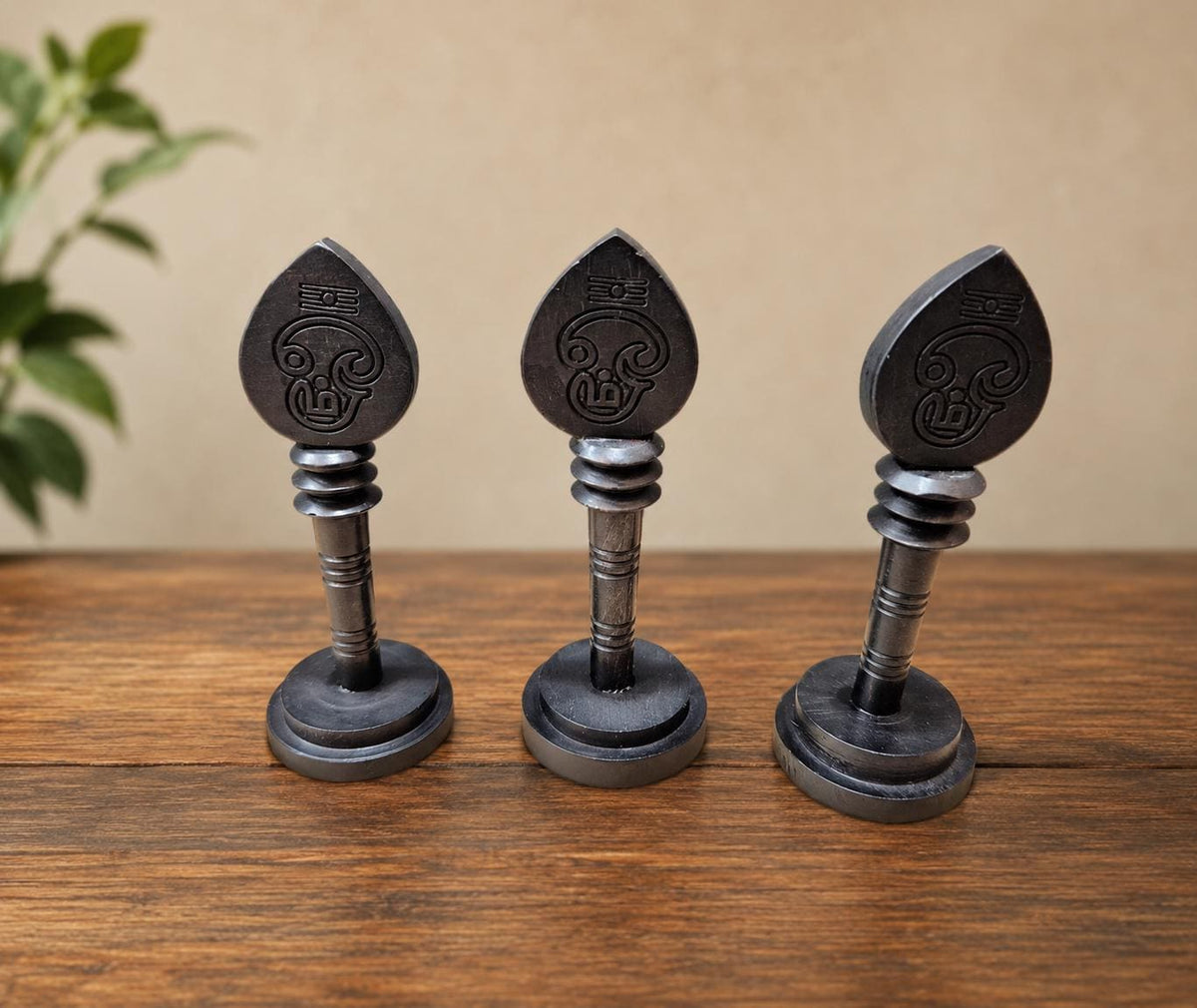 Handmade Karungali Vel with Stand, Natural Unpolished Ebony Wood (3 Inches) for Puja Worship