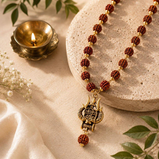 Rudraksha Bead Necklace with Trishul Shiva Pendant | Natural Spiritual Mala | Meditation & Yoga Necklace
