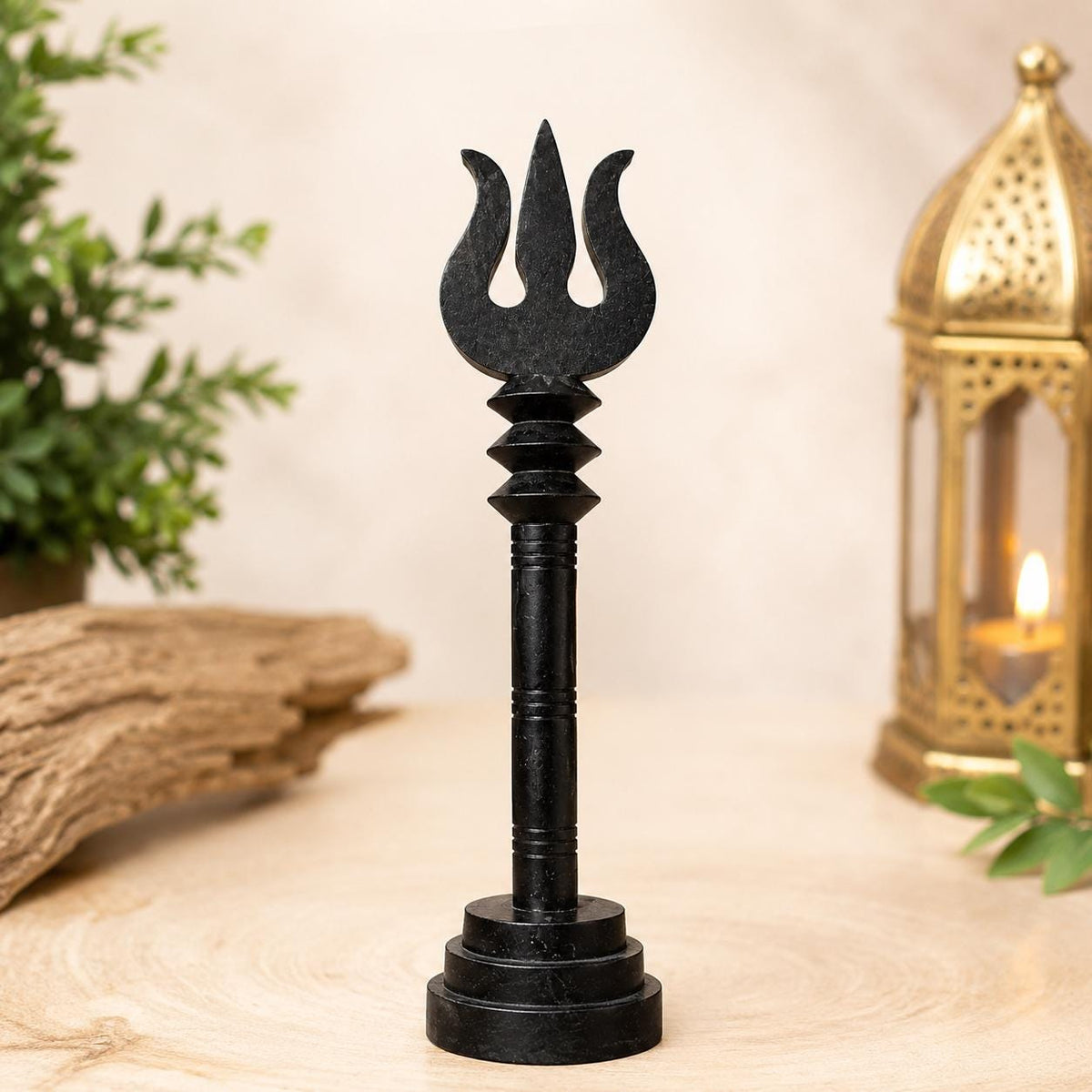 Handmade Karungali Ebony Wood Trishul with Stand – 6 Inch Sacred Puja Decor