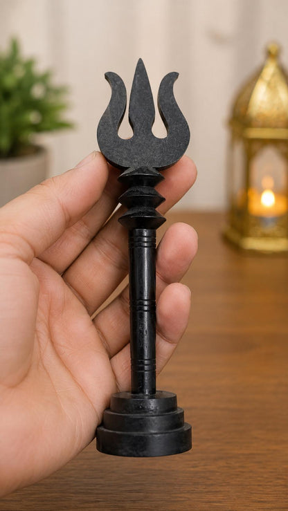Handmade Karungali Ebony Wood Trishul with Stand – 6 Inch Sacred Puja Decor