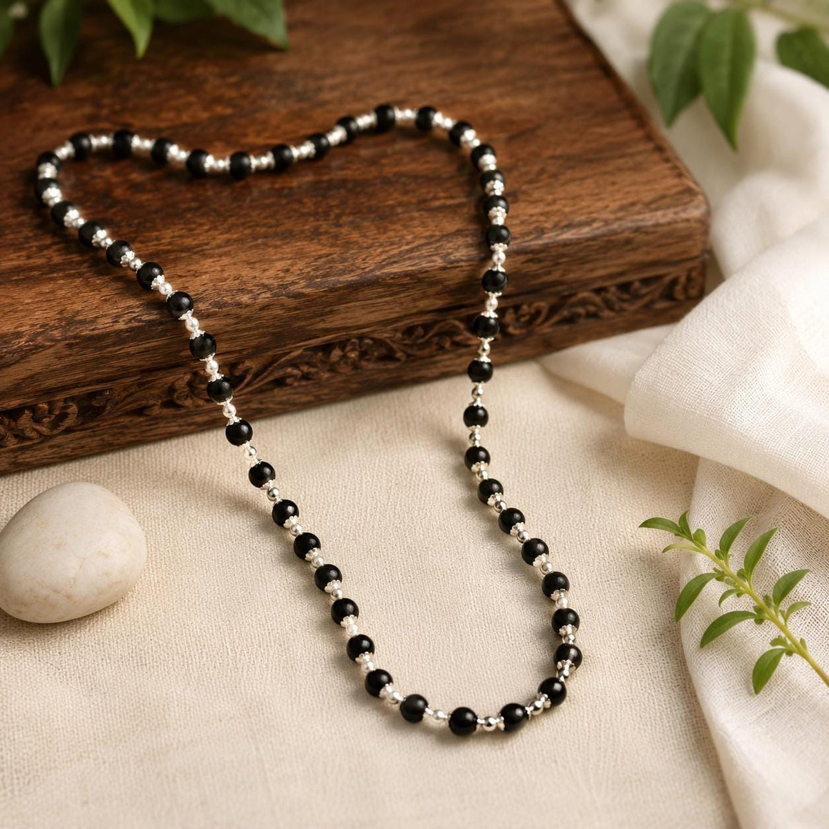 Original Karungali Ebony Wood Mala – 54 Beads (8mm) with Silver Caps | Meditation Prayer Necklace