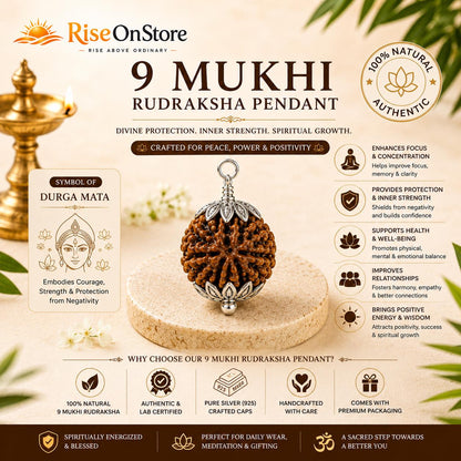 9 Mukhi Rudraksha Pendant | Natural Nine Face Bead, Silver Cap, Durga Symbol