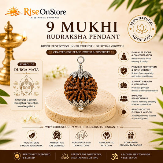 9 Mukhi Rudraksha Pendant | Natural Nine Face Bead, Silver Cap, Durga Symbol